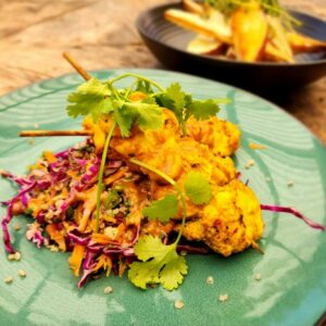 Tumeric Chicken Kebabs  spicy peanut & lime quinoa salad & sweet potato wedges